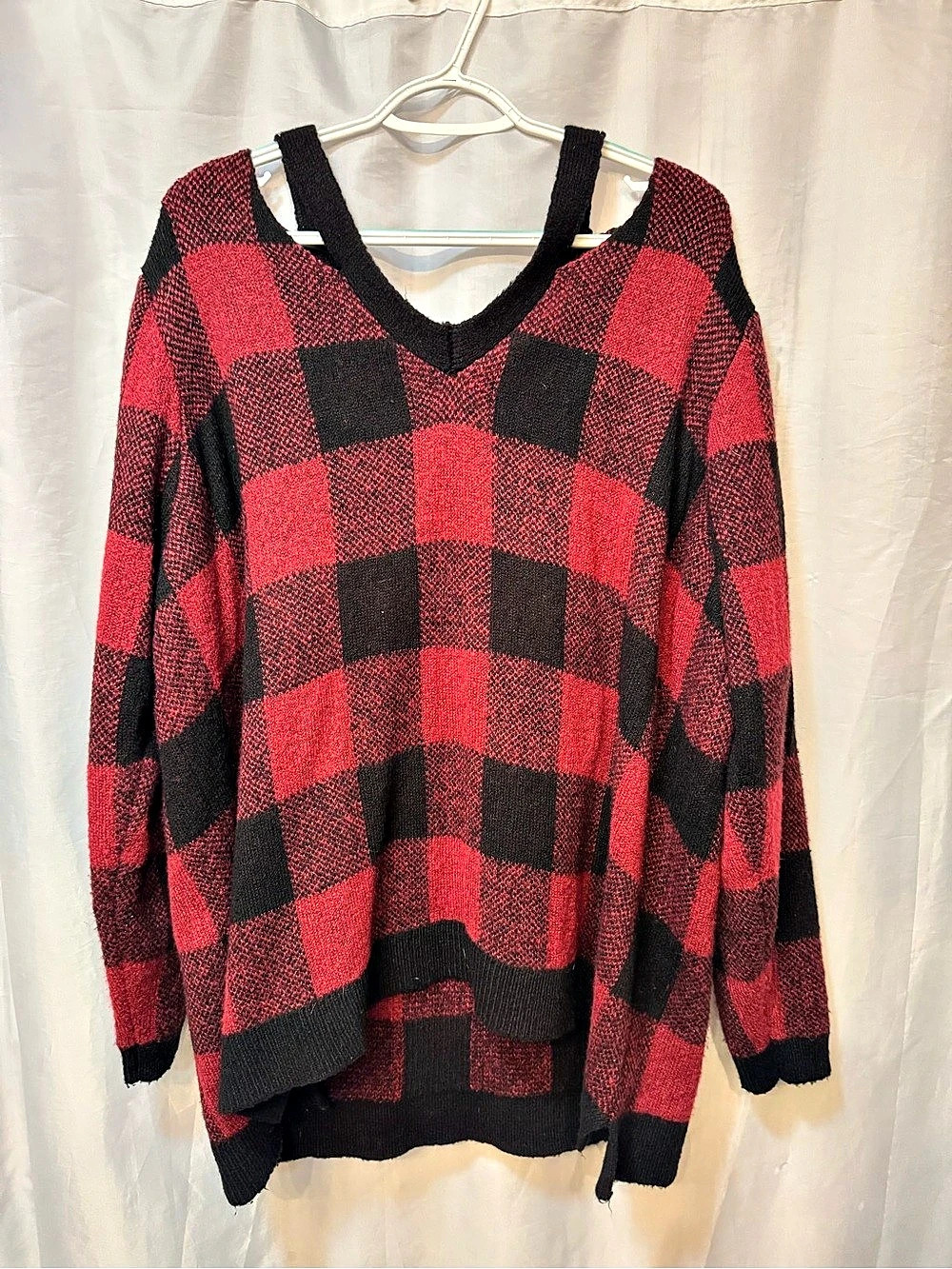 Maurices 3X Red Black Buffalo Plaid Cold Shoulder Sweater